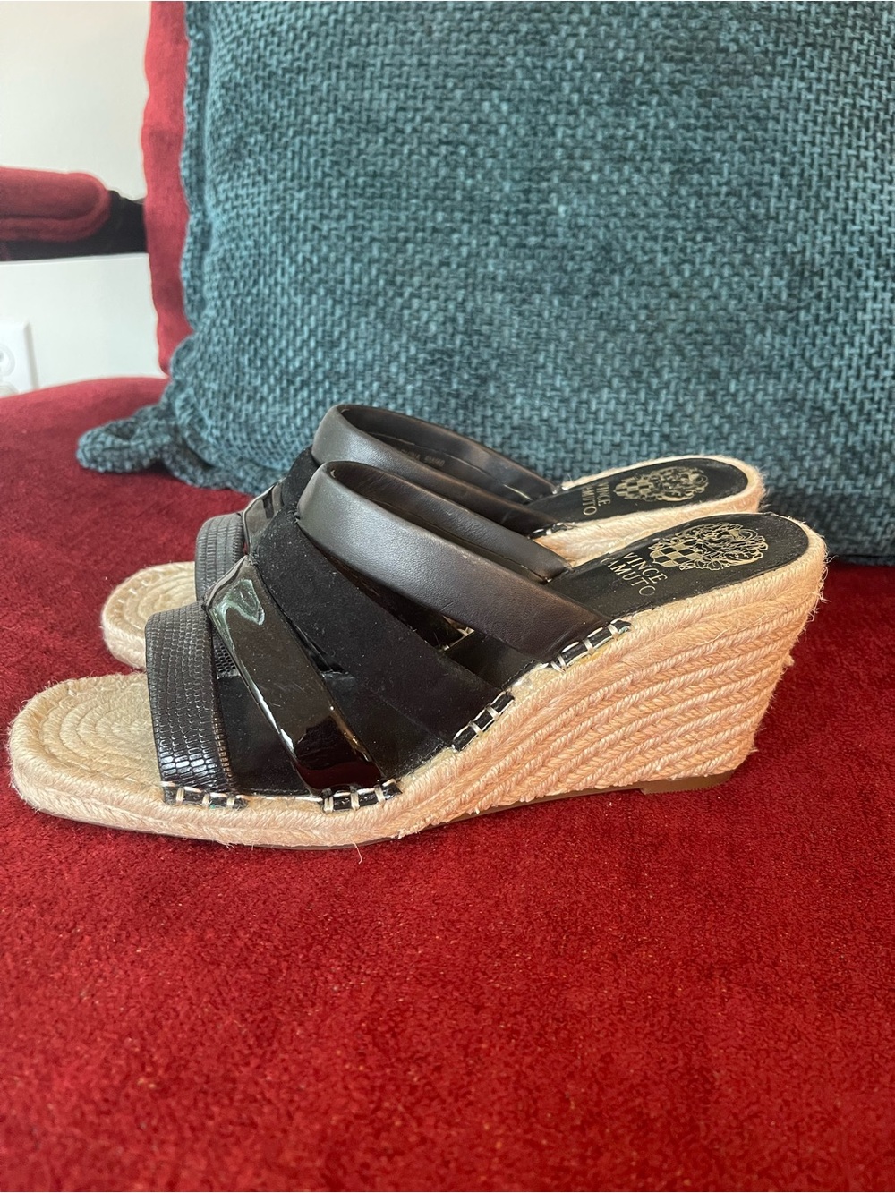 Vince Camuto Black Patent & Leather Espadrille Wedge Slides
